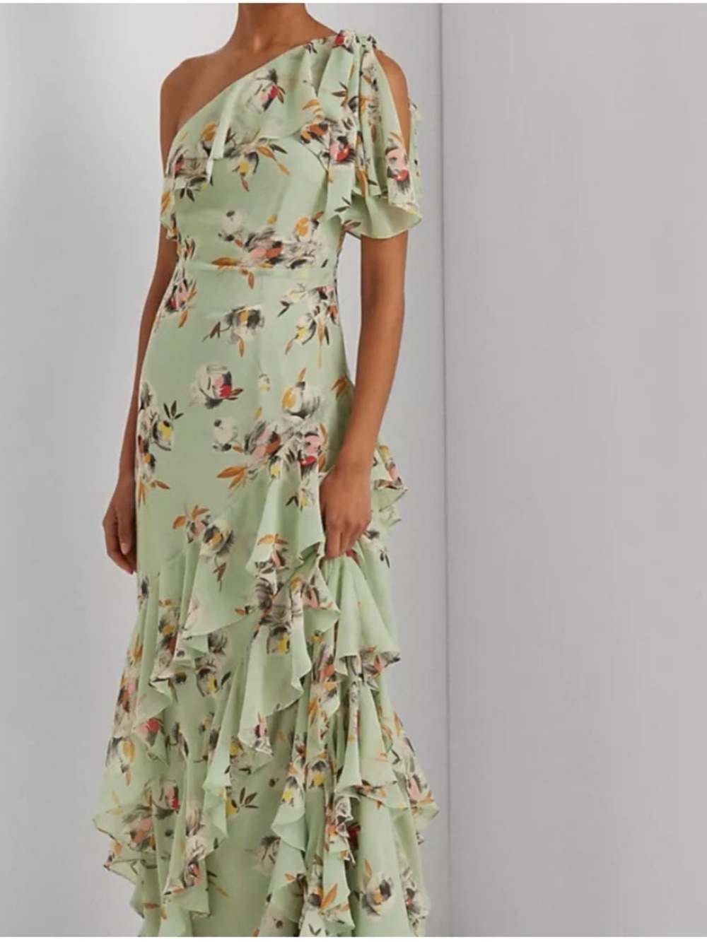 Ralph Lauren Floral Mint Green Georgette Tiered Gown